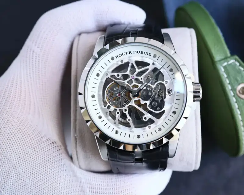 Roger Dubuis Skeleton Watch — Silver Shell  White Plate Black Leather colorway — Joyagoo Spreadsheet photo