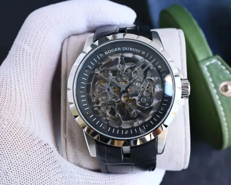 Roger Dubuis Skeleton Watch — Silver Shell  Black Plate Black Leather colorway — Joyagoo Spreadsheet photo