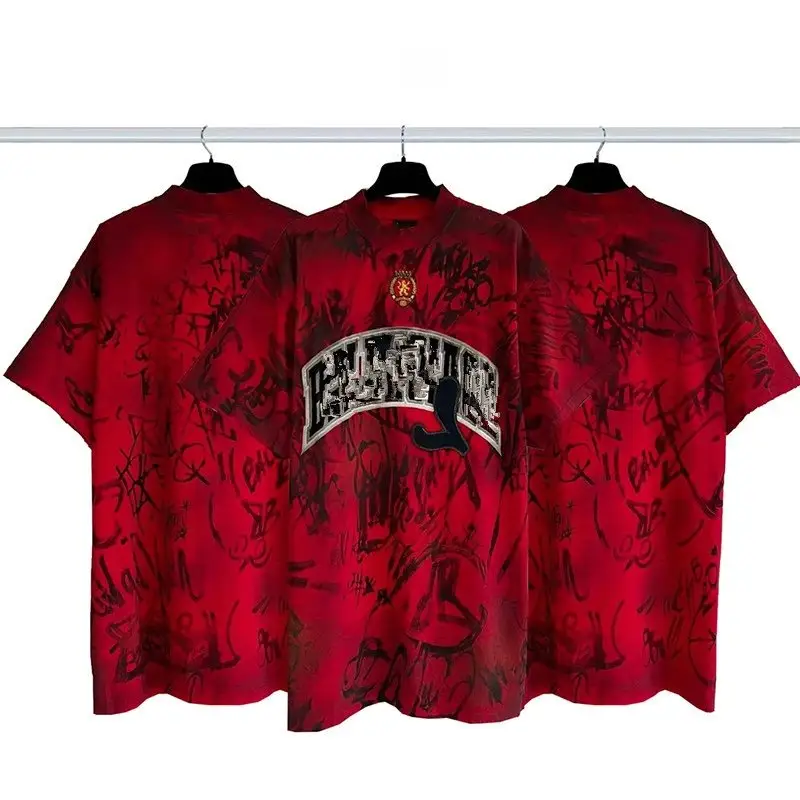 Balenciaga Tees — Cement spray dirty hand-painted full print embroidery red colorway — Joyagoo Spreadsheet photo